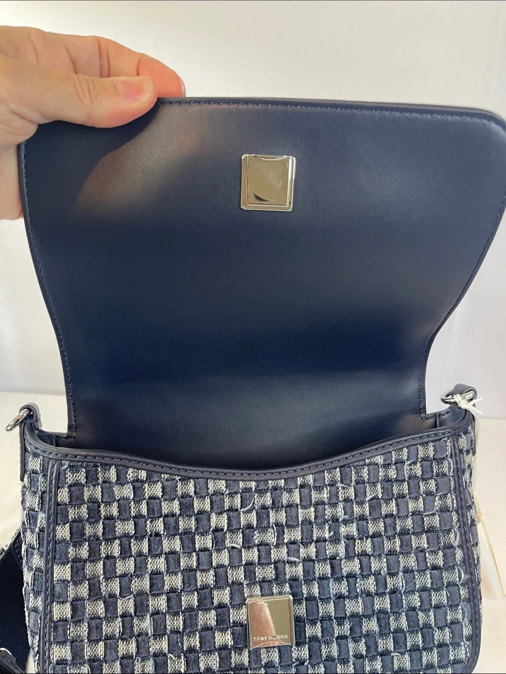 NWT Tory Burch Thea Denim Flap Crossbody Woven Blue 2 Straps